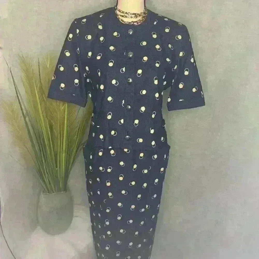 Leilian Blue Denim Skirt Suit Short Sleeve Circle Design Made in Japan Size 9